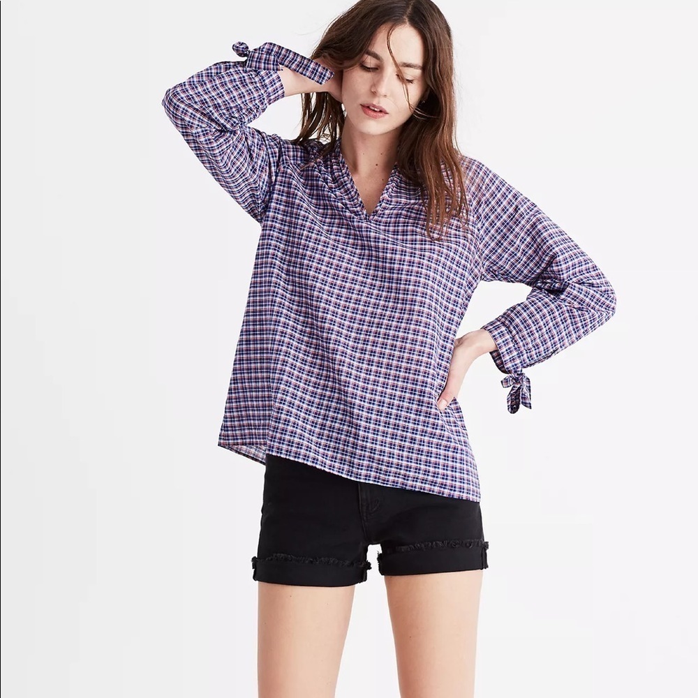 Madewell Tie-Sleeve Popover Top in Whitby Plaid
